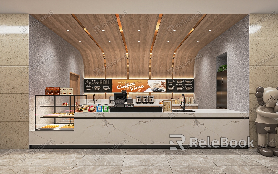 Modern coffee shop milk tea shop dessert shop bar cashier console leisure tables and chairs back kitchen equipment model