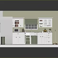 Cartoon Kitchen Scene with 3D Model Cabinets Refrigerator Dining Table Chairs and Wooden Floor