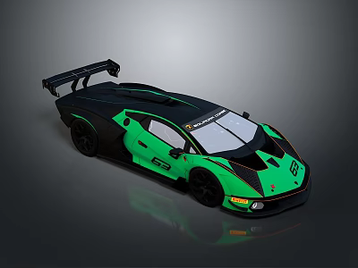 Black and Green Racing Sports Car with Large Rear Wing and Number 63 on Body 3d model