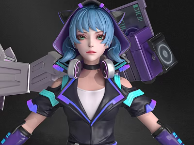 Character With Blue Hair And Cat Ears In Futuristic Purple Black Outfit With Mechanical Headphones 3d model