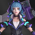 Character With Blue Hair And Cat Ears In Futuristic Purple Black Outfit With Mechanical Headphones