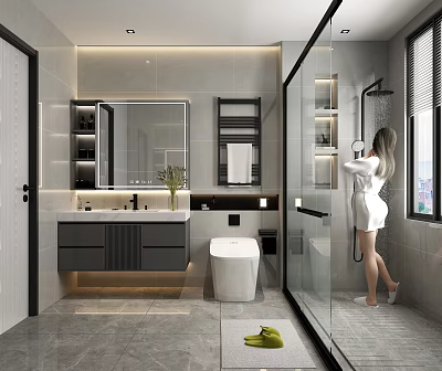 Modern Bathroom Interior Design With Vanity Mirror Toilet Glass Shower And Cabinets 3d model