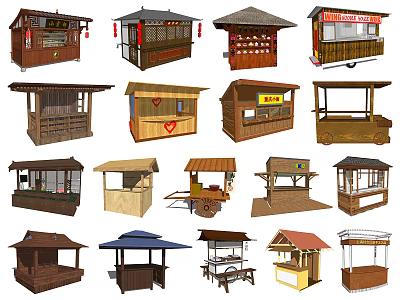 Various Small Vendor Stalls with Diverse Roof Designs and Wooden Structures for Outdoor Use 3d model