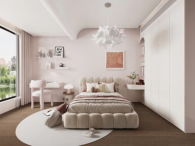 Modern Bedroom With Beige Tufted Bed White Wardrobes City View Window Chandelier And Decorative Painting 3d model