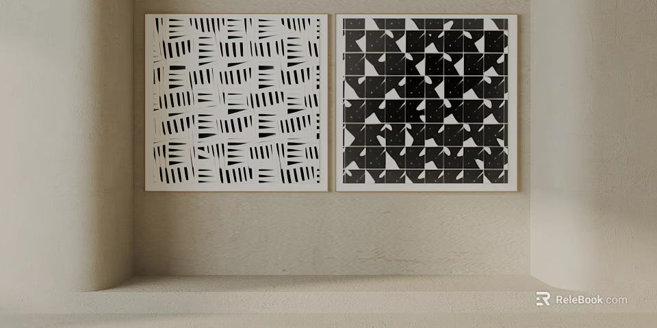 Black and White Geometric Wall Art with Abstract Patterns on Beige Wall 3d model