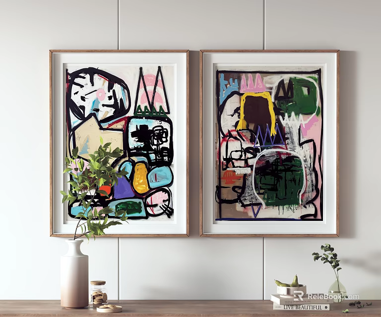 Abstract Art Paintings On Wall With Green Plants And Decorative Vase 3d model 
