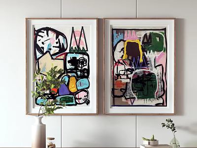 Abstract Art Paintings On Wall With Green Plants And Decorative Vase 3d model