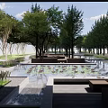 Scenic Residential Landscape With Lush Trees Open Pavilion Reflective Water And Stone Walkway