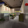 Modern Hot Pot Restaurant Interior With Green Counter Hanging Lights And Seating Area