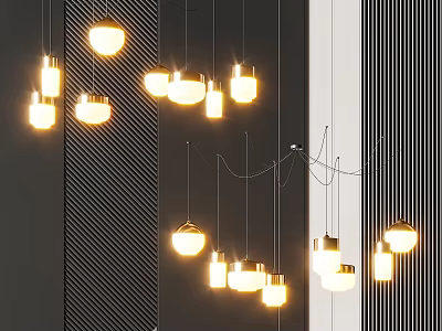 Lit Pendant Lights In Various Sizes And Shapes Against Dark Striped Walls 3d model