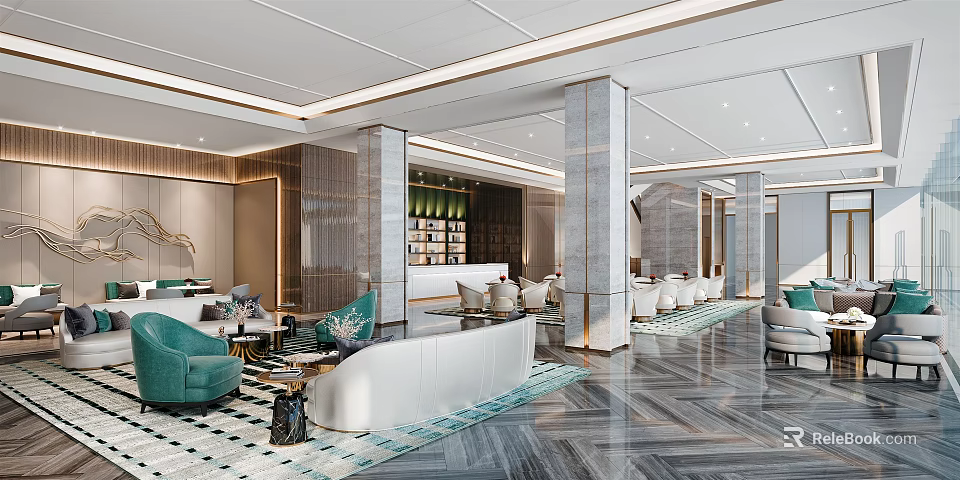 Elegant Modern Lounge Area With Green White Sofas Marble Columns Herringbone Floor And Plants 3d model