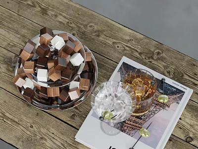Inflatable Brown White Cubes On Metal Tray Wooden Table With Magazine 3d model