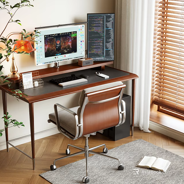 Modern Home Office Desk Setup With Dual Monitors Ergonomic Chair And Green Plant 3d model 