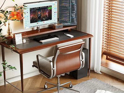 Modern Home Office Desk Setup With Dual Monitors Ergonomic Chair And Green Plant 3d model