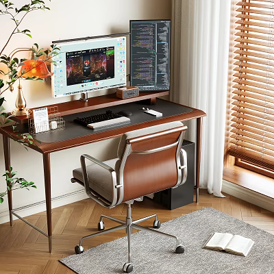 Modern Home Office Desk Setup With Dual Monitors Ergonomic Chair And Green Plant 3d model