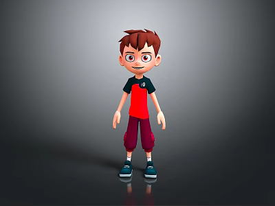 Cartoon Man With Brown Hair Red Black T Shirt Purple Pants Blue Shoes Grey Background 3d model