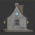 Cartoon Cottage Scene With Stone Walls Wooden Door Chimney Round Windows And Hanging Lantern