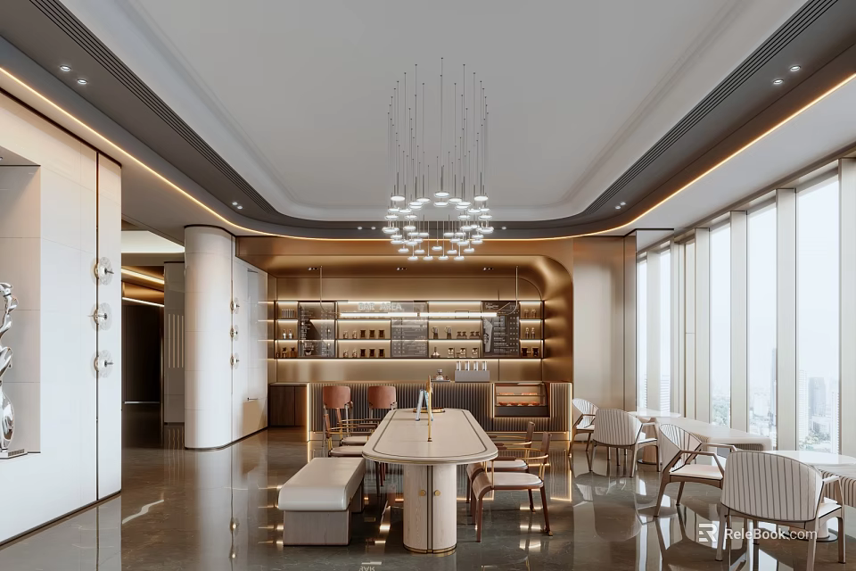 Modern Luxury Sales Office Interior Design With Exquisite Chandeliers Marble Flooring And Spacious Panoramic Windows 3d model 