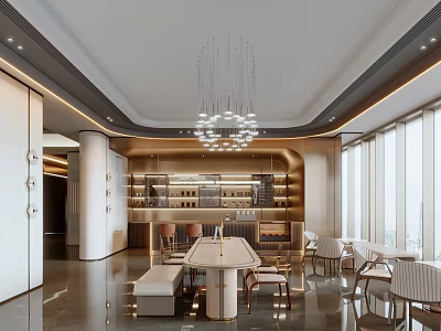 Modern Luxury Sales Office Interior Design With Exquisite Chandeliers Marble Flooring And Spacious Panoramic Windows 3d model