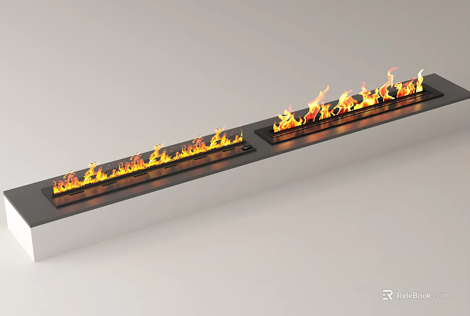 Modern Home Interior With Double Linear Fireplaces And Burning Flames 3d model 