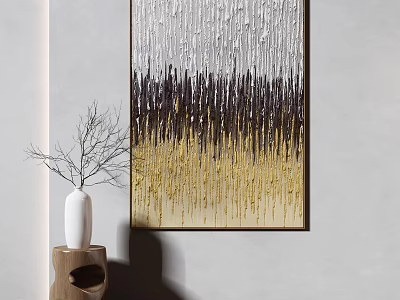 Modern Abstract Textured Painting With Gold Gray Tones And White Vase On Wooden Stand 3d model