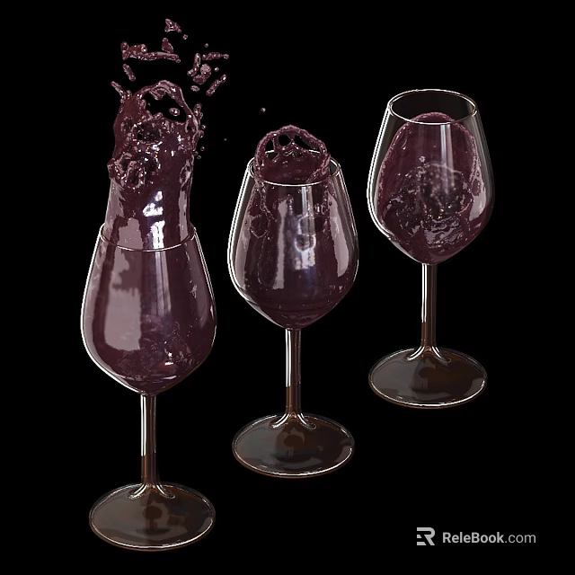 Purple Drink Splashing In Three Wine Glasses Against Black Background 3d model 