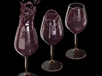 Purple Drink Splashing In Three Wine Glasses Against Black Background 3d model