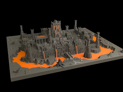 Ancient Architecture Model Featuring Intricate Castle Towers And Orange Lava Elements 3d model