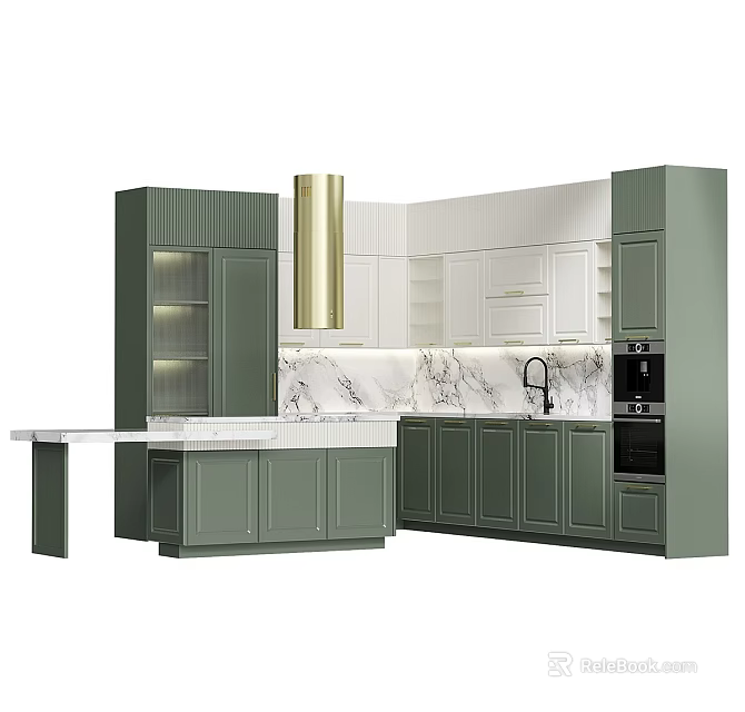 Elegant Modern Kitchen With Green And White Cabinets Marble Countertop And Oven 3d model 