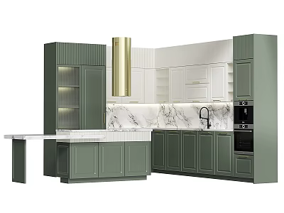 Elegant Modern Kitchen With Green And White Cabinets Marble Countertop And Oven 3d model