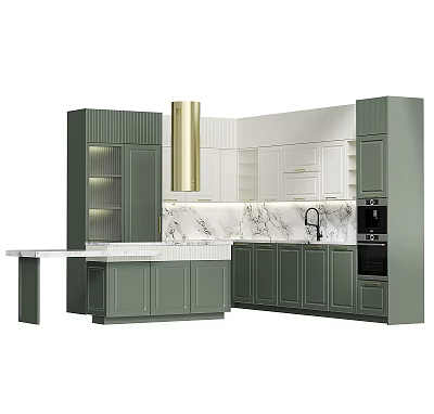 Elegant Modern Kitchen With Green And White Cabinets Marble Countertop And Oven 3d model