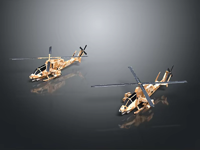 Detailed Golden Helicopter Models Placed On Black Reflective Surface With Gray Background 3d model