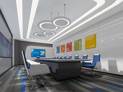 Modern Conference Room Interior Featuring Long Table Blue White Chairs Circular Lights And Colorful Panels 3d model