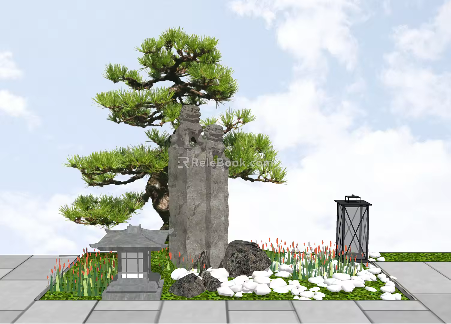 New Chinese style landscape sketch courtyard landscape sketch tied horse pillar stone lamp pine tree 3d model