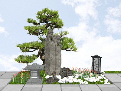 New Chinese style landscape sketch courtyard landscape sketch tied horse pillar stone lamp pine tree model