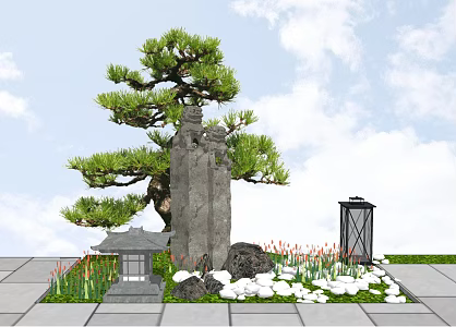 New Chinese style landscape sketch courtyard landscape sketch tied horse pillar stone lamp pine tree 3d model