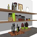Wooden Kitchen Shelves With Organized Kitchenware Spice Jars Green Plants White Pitcher And Mugs