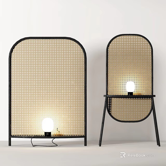 Modern Floor Lamp With Black Frame And Gold Perforated Panel Lit 3d model