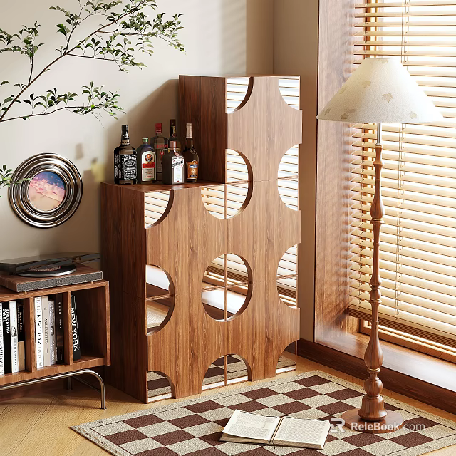 Wooden Storage Shelf With Circular Cutouts For Indoor Decor And Bottle 3d model 