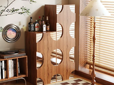 Wooden Storage Shelf With Circular Cutouts For Indoor Decor And Bottle 3d model