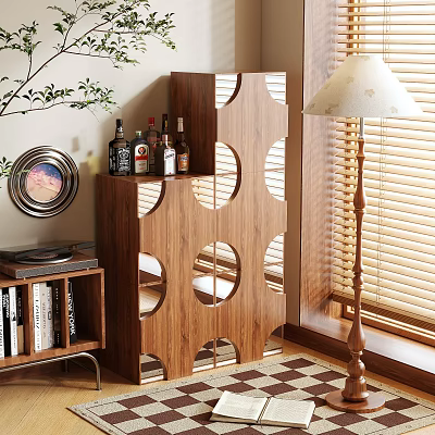 Wooden Storage Shelf With Circular Cutouts For Indoor Decor And Bottle 3d model