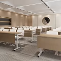 Modern Conference Room Interior With Wooden Walls Large Blackboard Ceiling Lights And Arranged Chairs