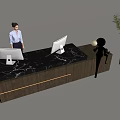 Modern Front Desk Reception With Receptionist Marble Desk Computers Decorative Sculpture And Potted Plant