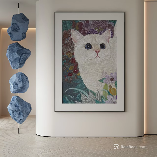 Abstract Painting With White Cat And Floral Elements In Modern Interior 3d model