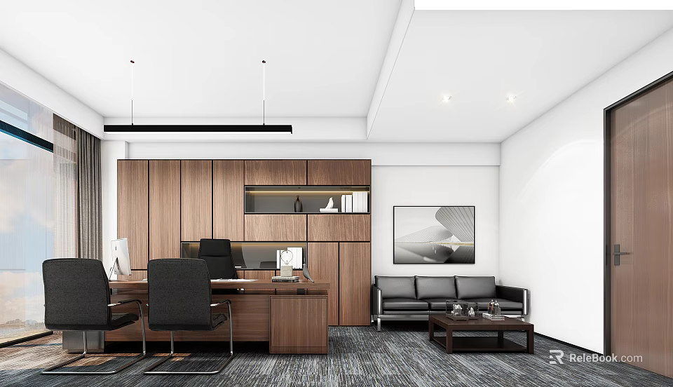 Modern Office Interior With Wooden Cabinets Desk Black Chairs Sofa Coffee Table And Wall Painting 3d model 
