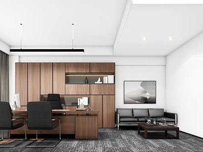 Modern Office Interior With Wooden Cabinets Desk Black Chairs Sofa Coffee Table And Wall Painting 3d model