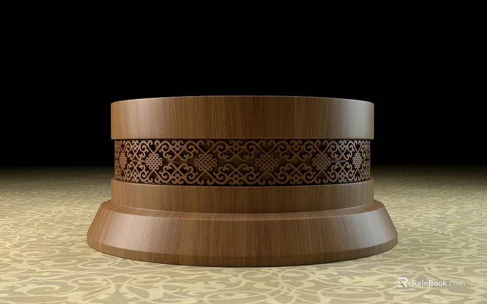 Elegant Wooden Cylindrical Base With Intricate Carved Patterns And Smooth Surface 3d model 