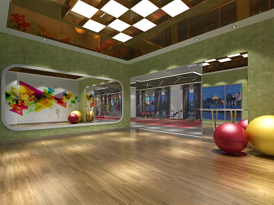 Spacious Fitness Gym Interior With Wooden Floor Green Walls Colorful Decor And Equipment 3d model
