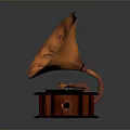 Vintage Gramophone With Orange Floral Horn And Wooden Base Design