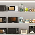 Essential Kitchen Appliances On Shelves With Microwaves Blender Coffee Maker Toaster And Kettle
